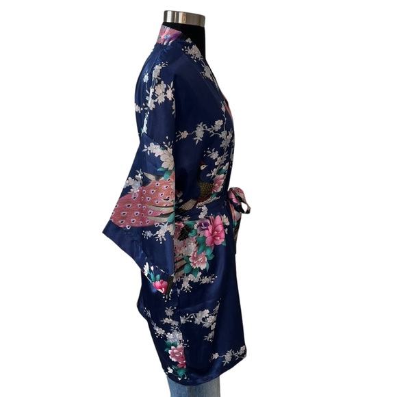 Vintage satin peacock kimono robe knee length blue pink OS - Picture 10 of 15